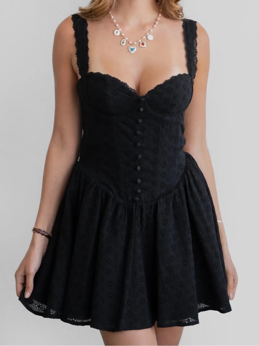 Tic Tok Audrey Los Angeles Black Eyelet Button Front Mini Sundress w Lace Trim